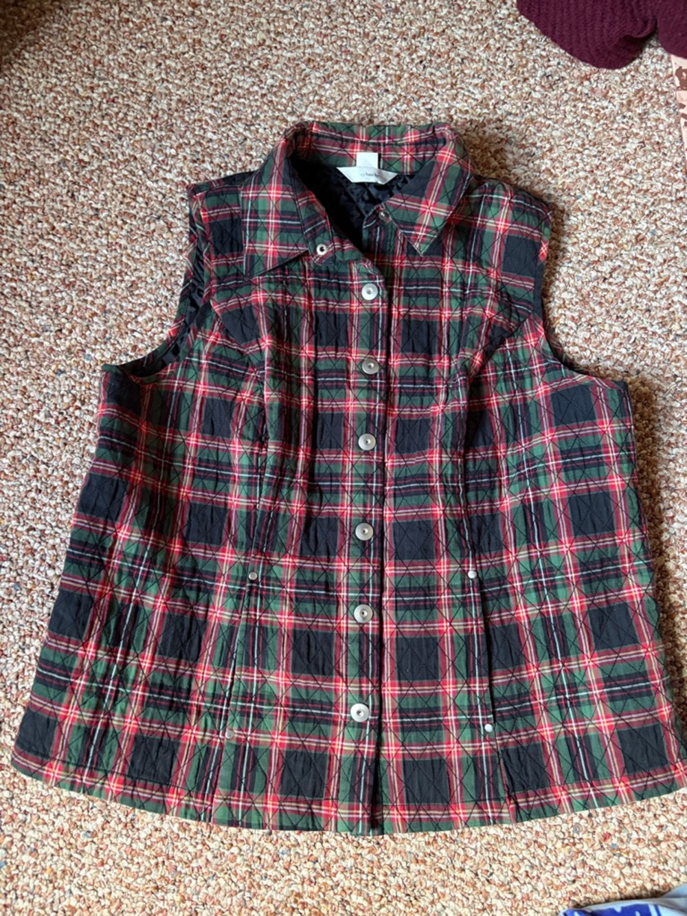 CJ Banks Green & Red Plaid Quilted Button-Front Vest
